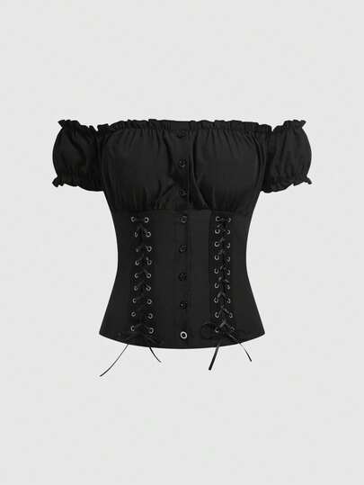 J-Fashion Süßes französisches minimalistisches Bandeau-Bodycon-Top mit Puffärmeln, Off-Shoulder für Frauen