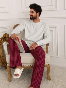 DAZY Solid Color White T-Shirt Paired With Plaid Pants Men's Loungewear Set, Spring/Autumn - Multicolor - View 7