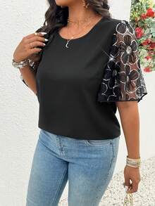 Elenzga 大码女式圆领花瓣袖简约优雅衬衫 - 黑色 - 查看 7