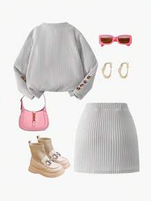 Elladie kids 2pcs/Set Young Girls Pink Textured Long Sleeve T-Shirt And Textured Button Skirt - Grey - View 2