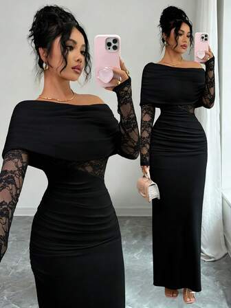 Rafferiza Women's Sexy & Elegant Asymmetric Neck Ruched Lace Patchwork Long Sleeve White Dress