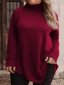 EMERY ROSE Women's Plus Size Asymmetrical Hem Soft Knit Turtleneck T-Shirt, Fashionable For Autumn/Winter - Burgundy - View 5