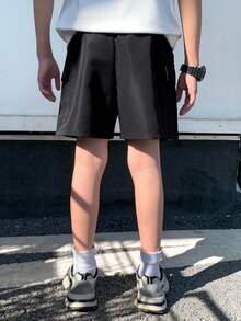 SHEIN 男童休闲日常舒适贴袋直筒纯色梭织短裤 - 黑色 - 查看 5
