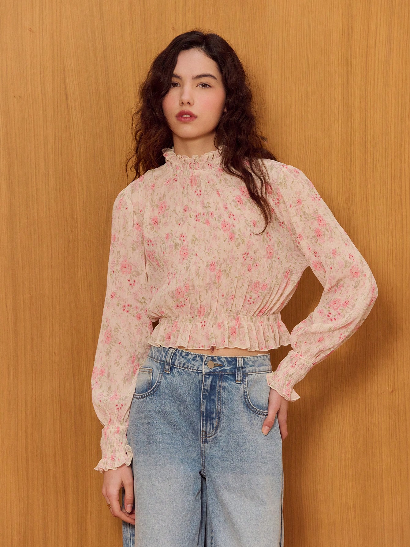 Pink Floral Print Plisse Crinkle Blouse With Mini Ruffle Neckline And Peplum Waist Cute Vintage French Style