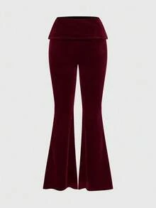 ROMWE Grunge Punk Y2K 丝绒水钻印花短款连帽衫和低腰喇叭裤两件套女装 - 酒紅色 - 查看 3