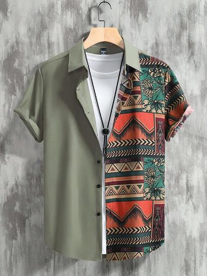 Manfinity RSRT قميص كاجوال للرجال بأكمام قصيرة وألوان متباينة