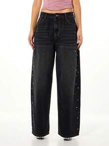 SUMWON WOMEN Jewel Embellished High Rise Wide Leg Baggy Denim Jeans With Multicolor Rhinestone Side Trim Details - Black - View 6