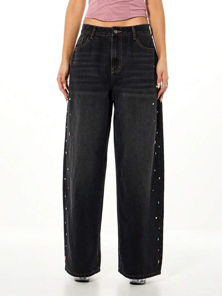 SUMWON WOMEN Wide Leg Jeans With Jewel Trim