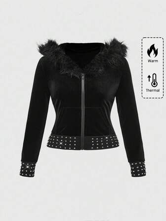 Grunge Punk Y2K Style Velvet Hooded Sweatshirt With Rhinestone Decor, Fitted Women Plus Size Sweatshirt