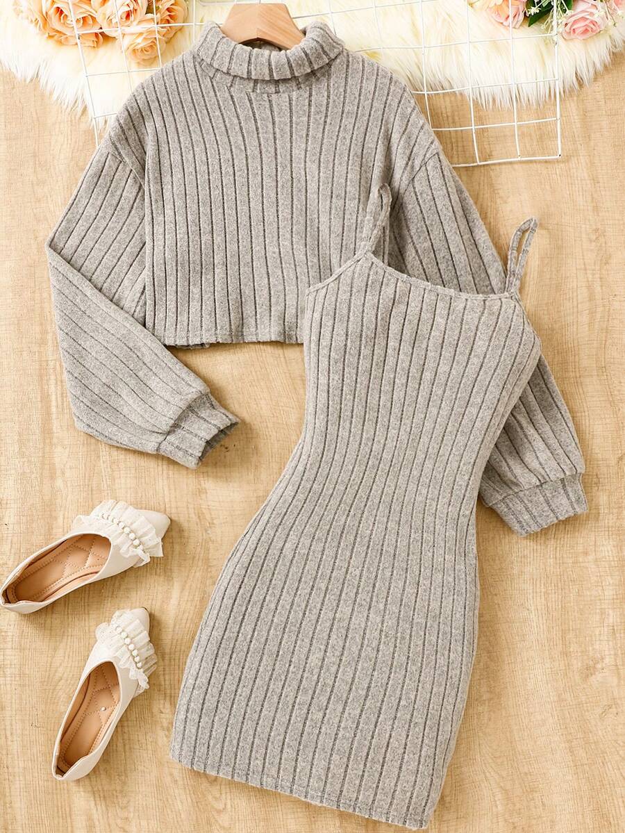 SHEIN Bộ 2 chiếc/Bộ đầm thun dài tay dệt kim họa tiết kaki cho bé gái tuổi teen, trang phục thoải mái, đa năng để mặc ở nhà và ngoài trời - Màu Khaki - Xem 1