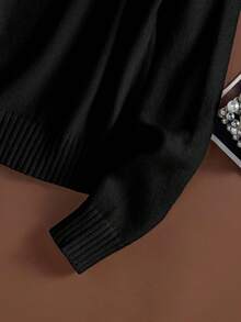 Franclia 复古优雅二合一针织毛衣，饰有钻石图案，长袖翻领休闲套头衫，适合秋冬季、通勤和上学穿着。 - 黑色 - 查看 6