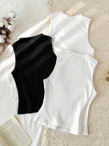 Tseoso 3 件装女式休闲纯色圆领修身吊带背心，黑色/白色/灰色，百搭日常穿着，夏季返校 3 件装基本款上衣紧身上衣基本款背心棉质基本款上衣女式基本款上衣 - 彩色 - 查看 2