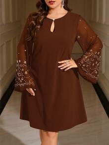 SHEIN Clasi Plus Size Women Rhinestone Embellished Elegant Dress, Suitable For Autumn And Winter - Brown - View 3