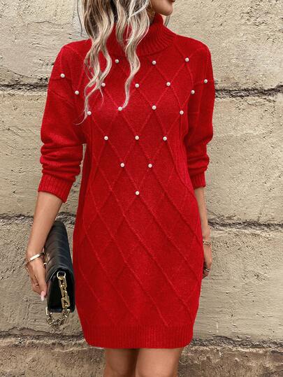 SHEIN LUNE Women's Casual Solid Color Long Sleeve Turtleneck Sweater Dress