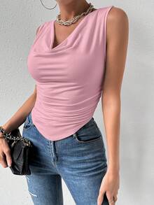 Rafferiza Pink Cowl Neck Ruched Sleeveless Regular Hem Tank Top For Women - Pink - View 4