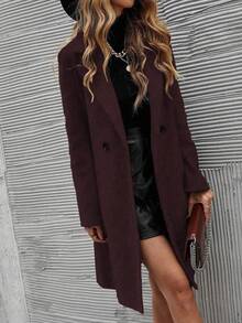 EMERY ROSE Women's Solid Color Notched Collar Raglan Sleeve Fashion Winter Woolen Coat - Red - View 4