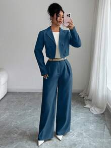 Elenzga 优雅休闲时尚办公通勤返校两件套，方领西装外套搭配宽松直筒裤，秋冬款 - 霧霾藍 - 查看 5