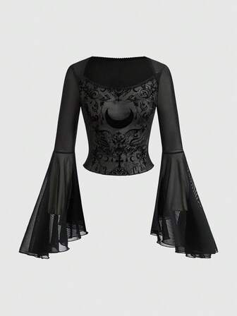 Goth Dark Vintage Palace Vine & Moon Pattern Flocked Sheer Mesh Blouse For Women