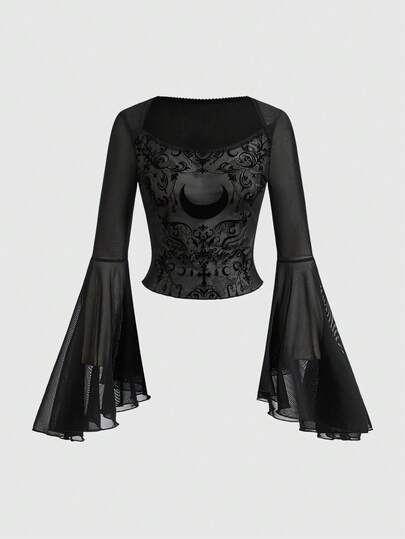 Goth Dark Vintage Palace Vine & Moon Pattern Flocked Sheer Mesh Blouse For Women