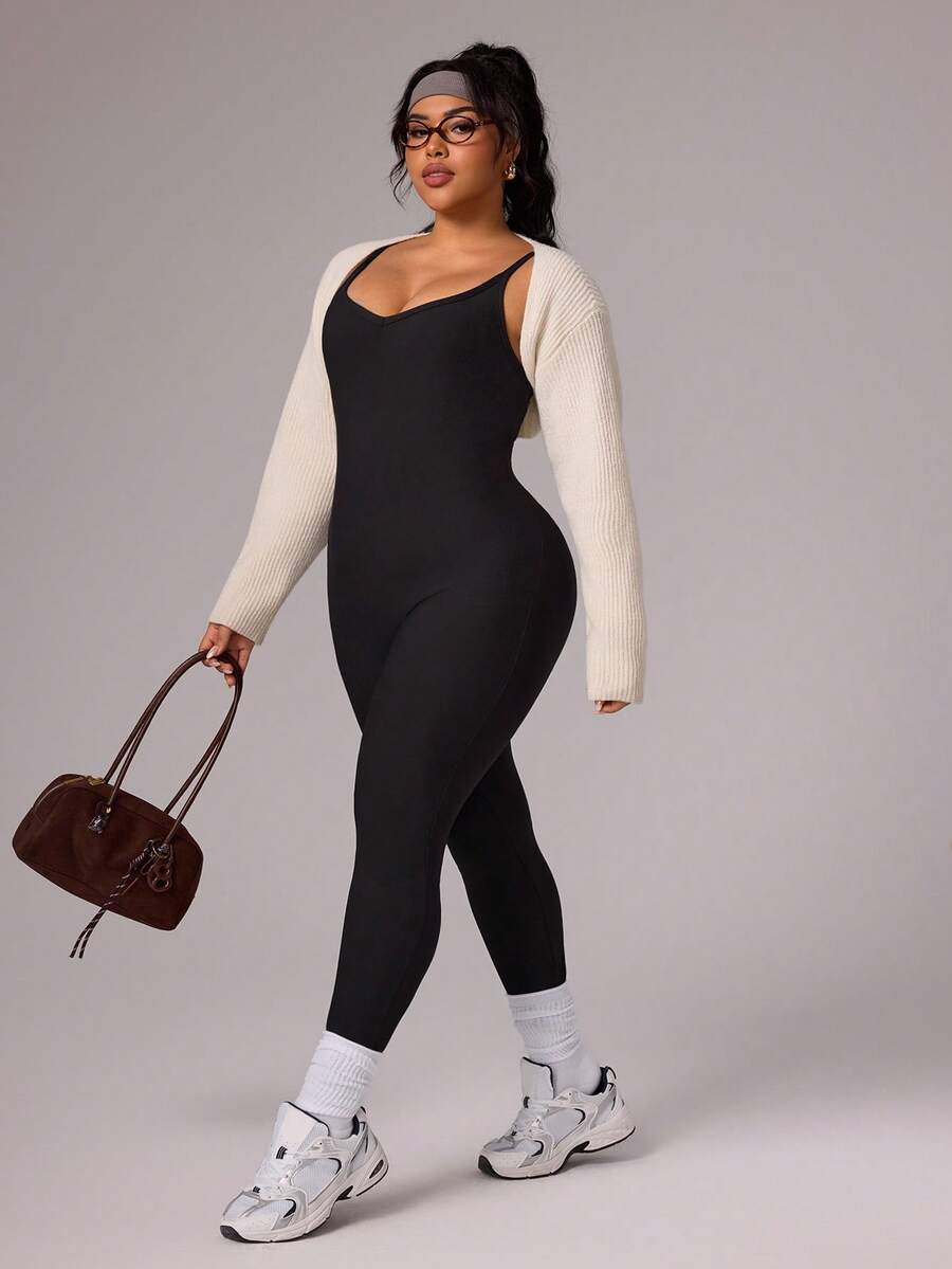 Rhythm Era Women's Ribbed Racerback Jumpsuit, V-Neck, Adjustable Straps, Slim Fit, Suitable For Casual, Running, Yoga, Plus Size Activewear Jumpsuit Athletic Jumpsuit Tummy Control Jump Suit Unitard Jumpsuit Legging Jumpsuit Compression Jumpsuit Shaping