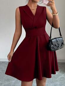 Elenzga Vestido de moda con volantes en la cintura, sin mangas y de unicolor, talla grande - Burdeos - Ver 5