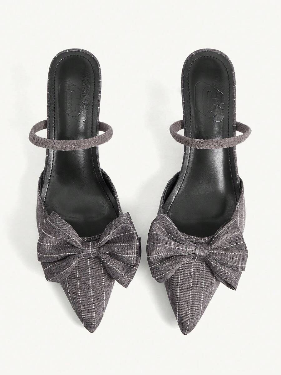 CUCCOO CHICEST 女士条纹蝴蝶结装饰时尚尖头高跟穆勒鞋 - 灰色 - 查看 1