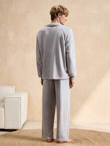 Manfinity Underwear&Sleepwear Basics Plus Size Men's Pajama Set, Stand Collar Button, Flannel, Elastic Waist, No Pockets - Grey - View 2
