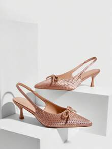 CUCCOO SZL 尖头水钻蝴蝶结高跟派对鞋，杏色 - 杏色 - 查看 2