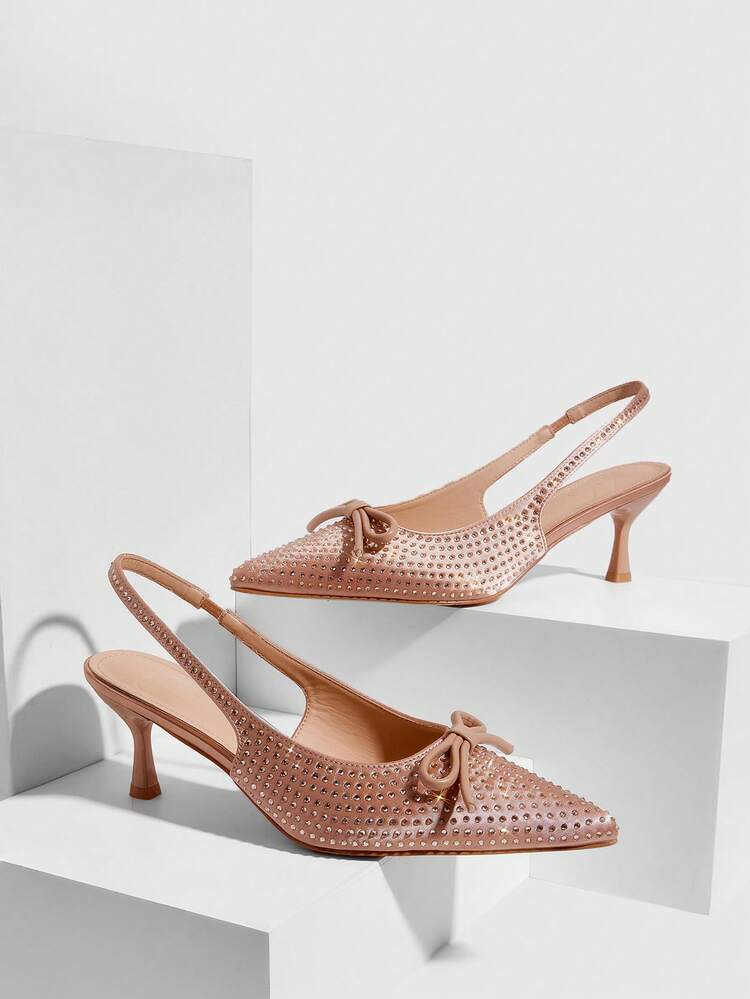 CUCCOO SZL Pointed Toe Rhinestone Embellished Bowknot High Heel Party Shoes, Apricot Color For Christmas