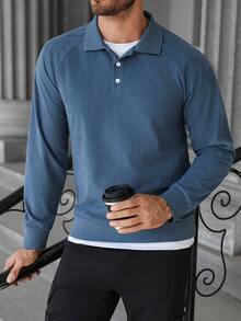 Manfinity Homme 浅蓝色 PL301 插肩袖半开襟纯色休闲舒适透气 Polo 衫 - 藍色 - 查看 4