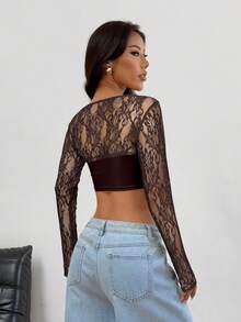 SHEIN EZwear 女士夏季新款蕾丝修身披肩衬衫 - 棕色 - 查看 2