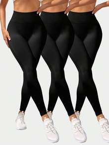 SHEIN Velisys 3件套无缝黑色运动紧身裤 - 黑色 - 查看 3