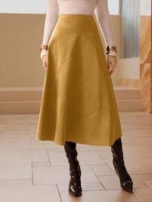 Modelyn Solid Color Faux Suede Flared Elegant Long Skirt For Women - Yellow - View 5