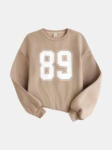 SHEIN Girlism 少女休闲校园街头风字母数字图案圆领卫衣搭配褶皱阔腿直筒裤针织运动套装，杏色返校装 - 杏色 - 查看 6