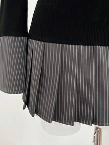 Lyxana 女士V领两件套针织拼接修身叠层连衣裙，适合日常穿着、通勤、返校季，优雅复古风，两件套荷叶边设计，休闲学院风日常穿搭 - 黑色 - 查看 6