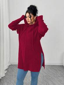 Elenzga 女士休闲宽松连帽长袖加大码毛衣，适合秋冬季外出穿着 - 紅色 - 查看 1