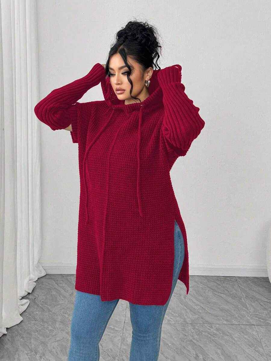 Elenzga 女士休闲宽松连帽长袖加大码毛衣，适合秋冬季外出穿着 - 紅色 - 查看 1