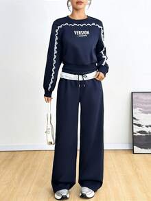 Conjunto de 2 piezas para mujer tipo deportivo de moda unicolor con lindo diseño de encaje en color contraste suave, comodo y basico para uso casual o diario - Azul - Ver 7