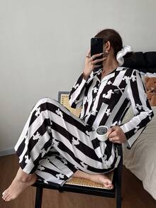 Dream Adore Cute Puppy Striped Long Sleeve Pajama Set - Black and White - View 3