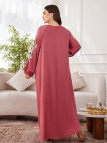Al Najma Plus Size Women's Solid Color Long Sleeve Applique Pleated Elegant Casual Arabic Dress - Watermelon Pink - View 2