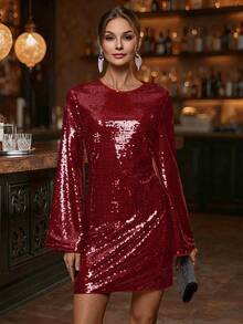 Balvessa Váy ngắn tay loe đính sequin dự tiệc thời trang dành cho nữ - Đỏ - Xem 4