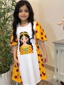 SHEIN Vestido ligeramente en forma de A con cuello redondo, estampado floral de rosa de Madder amarillo, para niñas jóvenes. Vestido, abaya, atuendo tradicional del Medio Oriente para festivales, primavera/verano - Amarillo - Ver 4