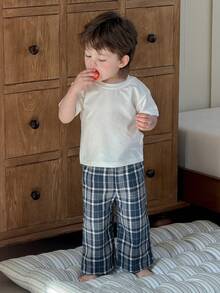Dazy Kids 2pcs Toddler Boys' Round Neck Short Sleeve Top And Plaid Casual Pants Comfortable Pajama Set - Blue - View 9