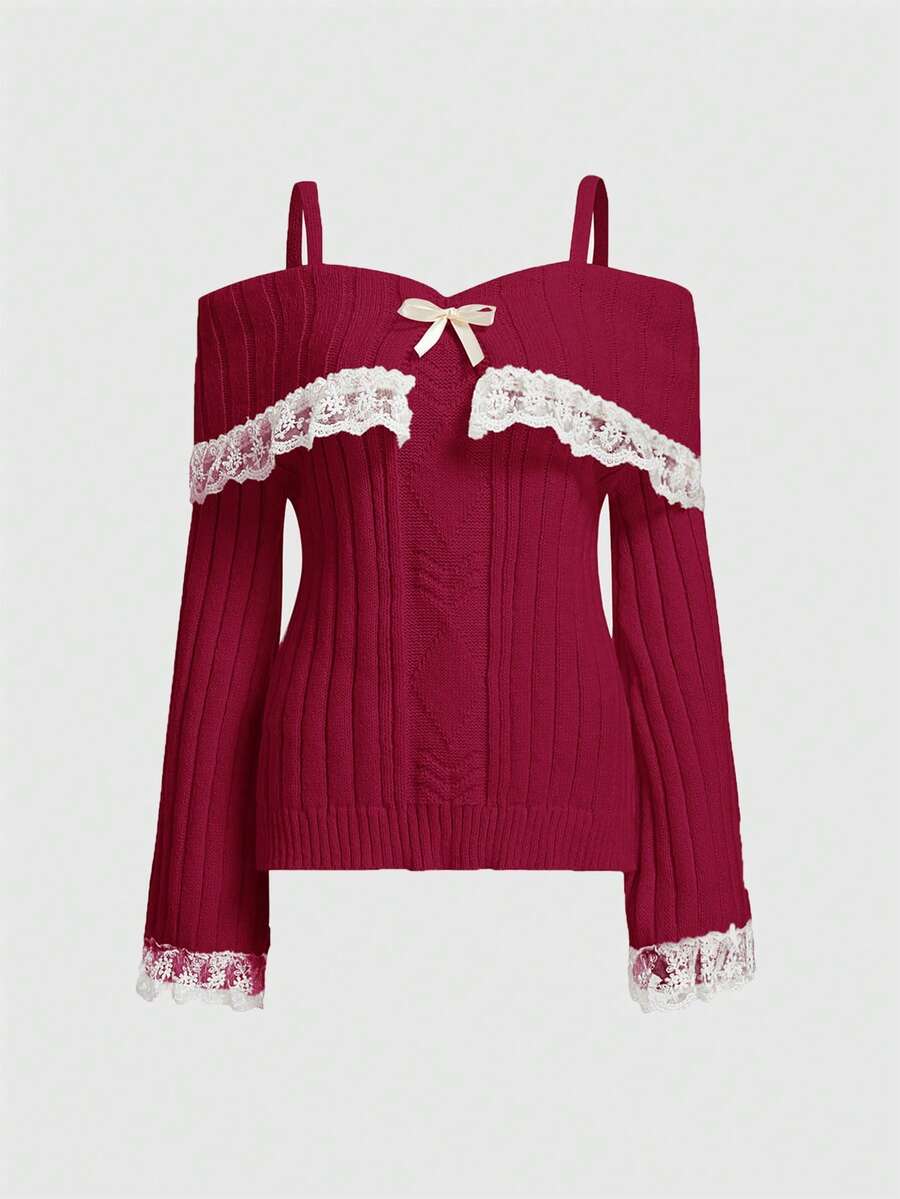 ROMWE Kawaii Lace Patchwork Bow Decor Red Long Sleeve Pullover Sweater - Burgundy - View 1