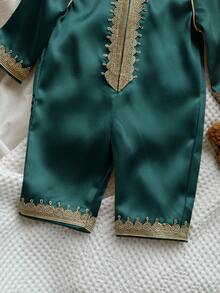 Baby Boy/Girl Traditional Woven Trim Round Neck Long Sleeve Jumpsuit, Casual & Versatile - Dark Green - View 4