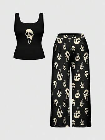 Goth Set pigiama con top senza maniche e pantaloni con stampa allover di teschi e fantasmi, in stile gotico, taglia comoda, abbigliamento casual da relax