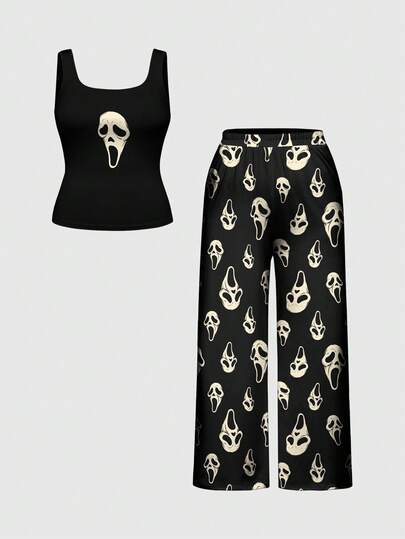 Goth طقم بيجامة كاجوال من ملابس علوية بلا أكمام وبنطال مطبوع عليهما جمجمة وأشباح بطراز جوثيك لأحجام كبيرة