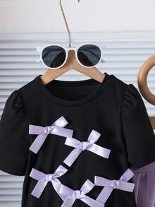 Genkimix Kids 女童优雅蝴蝶结褶皱短袖圆领露脐针织T恤+修身喇叭裤针织两件套 - 紫色 - 查看 5