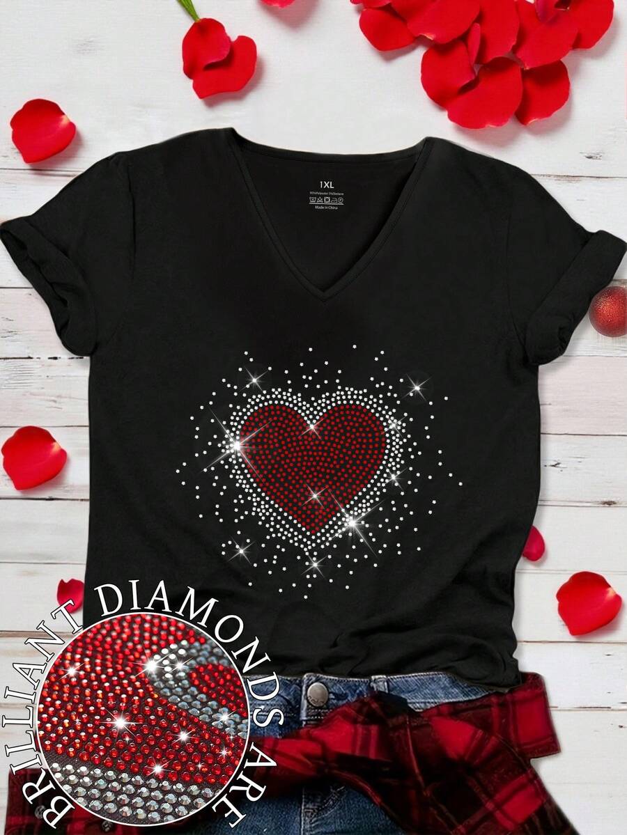 EMERY ROSE Plus Size Women's Summer V-Neck Heart Valentine's Day Heart Rhinestone T-Shirt Women's Tops - Black - View 1