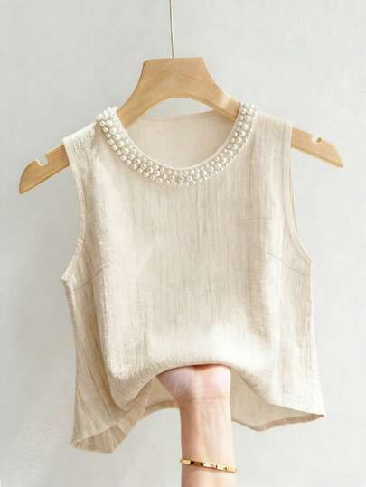 Resyla 女士纯色仿珍珠装饰圆领无袖时尚上衣